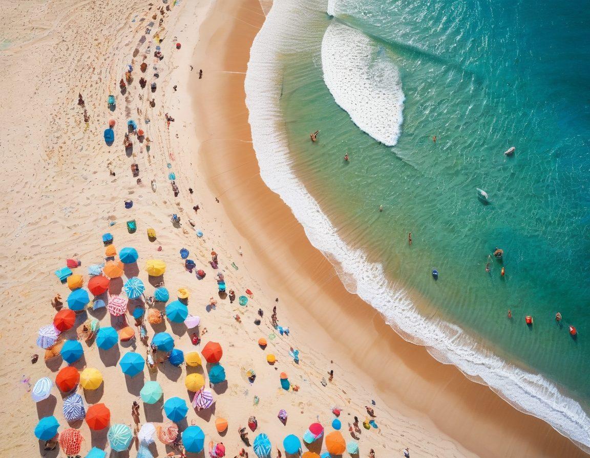 A stunning beach scene featuring a diverse group of fashionable people wearing trendy bikinis and stylish beachwear, playing in the sand and splashing in the waves. Bright sun, clear blue sky, and colorful beach umbrellas in the background create a lively atmosphere. Incorporate a mix of styles, patterns, and colors in the swimwear for visual variety. Capture the essence of summer fun and fashion. vibrant colors. super-realistic. beach theme.